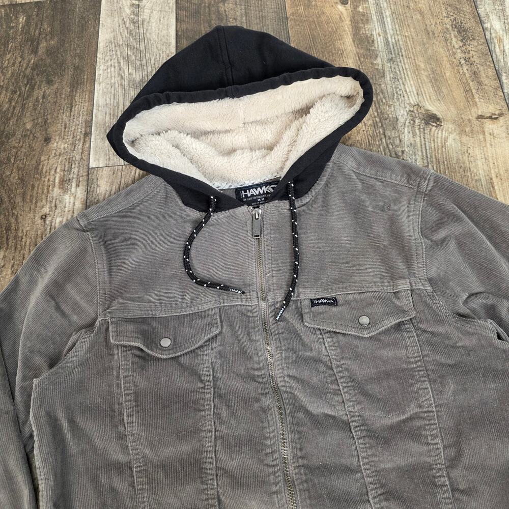 Corduroy Hooded Jacket Mens Medium Gray Zip Front Sherpa Hood Skater Tony Hawk